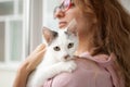 Attractive girl in pink clothes and eyeglasses with withe cat in her arms standing near the window at home. Pet owner Royalty Free Stock Photo