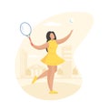 Attractive girl plays tennis on court. Athletic young woman in yellow dress swings racket hit ball Royalty Free Stock Photo