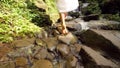 Attractive Girl in White Dress Walking Barefoot to Small Waterfall in Tropical Rainforest Jungle. Carefree Lifestyle Travel 4K