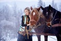 Attractive girl in embroidered sleeveless sheepskin fur coat at pair of strong horses in harness. Royalty Free Stock Photo