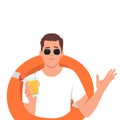 Attractive handsome young excited man wearing swim shorts, life buoy, sunglasses drinking coctail or orange juice. Buoy tires