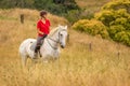 An attractive happy smiling young woman dressed in a red polo shirt riding her white horse through long dried golden