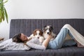 woman with two red three colours Australian shepherd puppy dog on couch Royalty Free Stock Photo