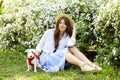 Attractive hipster young woman went for a walk in the park, playing with cute jack russell terrier puppy on clear sunny day. Royalty Free Stock Photo