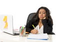 Attractive hispanic businesswoman or secretary suffering breakdown and headache in stress at office Royalty Free Stock Photo