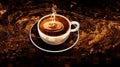 Illustrative warm cup of coffee with coffee beans and steam on a coffee caffeine refreshing wide background. AI generated. Royalty Free Stock Photo