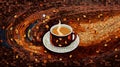 Illustrative warm cup of coffee with coffee beans and steam on a coffee caffeine refreshing wide background. AI generated. Royalty Free Stock Photo