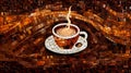 Illustrative warm cup of coffee with coffee beans and steam on a coffee caffeine refreshing wide background. AI generated. Royalty Free Stock Photo