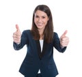 Attractive isolated businesswoman in dark blue costume - thumbs Royalty Free Stock Photo