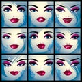 Attractive ladies vector portraits collection, girls with beautiful makeup and blue eyes. Facial expression of females.