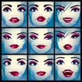 Attractive ladies vector portraits collection, girls with beautiful makeup and blue eyes. Facial expression of females.