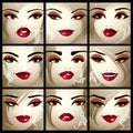 Attractive ladies vector portraits collection, girls with beautiful makeup and brown eyes. Facial expression of females.