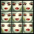 Attractive ladies vector portraits collection, girls with beautiful makeup and green eyes. Facial expression of females.