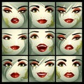 Attractive ladies vector portraits collection, girls with beautiful makeup and green eyes. Facial expression of females.