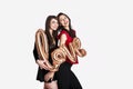 Same sex love concept. Two beautiful females women girls from lgbt community with long gorgeous hair on February 14th Happy valent Royalty Free Stock Photo