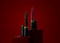 Attractive lipsticks product on square stage on red background. 3d illustration