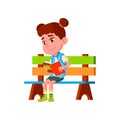 attractive little girl sitting on park bench and reading book cartoon vector Royalty Free Stock Photo