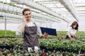 Attractive male florist talking on the phone and holding clipboard, while another female florist arranging pots with flowers on Royalty Free Stock Photo