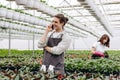 Attractive male florist talking on the phone and holding clipboard, while another female florist arranging pots with flowers on Royalty Free Stock Photo