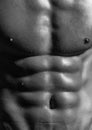 Attractive male sexy wet body close up. Banner templates with muscular man, muscular torso, six pack abs muscle. Black Royalty Free Stock Photo