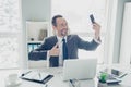 Attractive man in formal wear take selfie picture demonstration