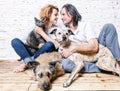 Attractive man and his young wife with pets, two dogs and a cat, a family portrait Royalty Free Stock Photo