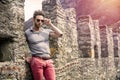 Attractive man outdoor in old European castle