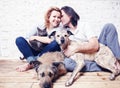 Attractive man and his young wife with pets, two dogs and a cat, a family portrait Royalty Free Stock Photo