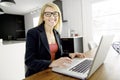 An attractive middle aged businesswoman sitting in front of laptop and managing her small business from home. Royalty Free Stock Photo