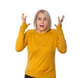 Attractive Middle Aged Woman expresses fear and horror, panic and cry, hysterics and problem, surprise and fright. Woman