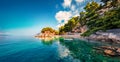 Attractive morning seascape of Adriatic sea. Marvelous summer view of small beach in famous resort - Brela