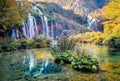 Attractive morning view of pure water waterfall in Plitvice National Park. Amazing autumn scene of Croatia, Europe. Abandoned Royalty Free Stock Photo