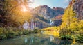 Attractive morning view of pure water waterfall in Plitvice National Park. Amazing autumn scene of Croatia, Europe. Abandoned plac Royalty Free Stock Photo