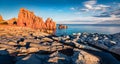 Attractive morning view of Red Rocks Beach, Arbatax. Royalty Free Stock Photo