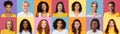 Attractive multiracial ladies smiling on colorful backgrounds