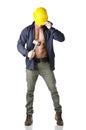 Attractive, muscular construction worker with open sweatshirt, isolated