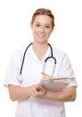 Attractive nurse holding clinical record