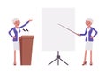 Attractive old woman, elderly businesswoman at tribune, white board