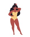 Attractive overweight black woman in swimsuit on tropical leaves background. Hello summer, summertime, vacation. Hand