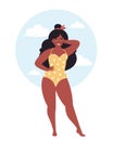 Attractive overweight black woman in swimsuit on tropical leaves background. Hello summer, summertime, vacation. Hand