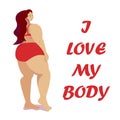 Attractive overweight woman is standing in swimsuit. Female cartoon flat style character. Love your body. Body positive