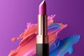 Attractive pink lipstick product on a violet background