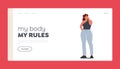 Attractive Plump Female Character Landing Page Template. Over Size Fashion for Women, Lady Dressed in Grey Pants