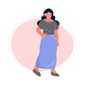 Attractive Plus Size Brunette Woman, Beautiful Curvy, Overweight Girl in Long Skirt and Blouse Vector Illustration