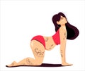 Attractive plus size young tattooed woman doing yoga in cat cow pose - vector illustration isolated on white background Royalty Free Stock Photo