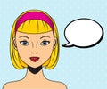 Attractive pop art woman with empty speech bubble. Blonde female face saying something. Vector background in comic retro style for Royalty Free Stock Photo