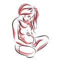 Attractive pregnant woman body silhouette drawing. Vector illustration of mother-to-be fondles her belly. Happiness and caress co Royalty Free Stock Photo