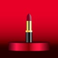 Attractive red lipstick product on round premium podium. Isolated on red background. Makeup container mockup