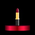 Attractive red lipstick product on round premium podium. Isolated on black background. Makeup container mockup