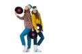 attractive retro styled young twins with LP vinyls